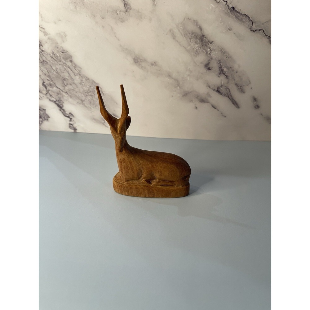 Hand Carved Wood Deer/Antelope Art Sculpture - 4" Tall